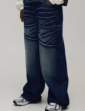 Herren Weite Steife Acid-Wash Denim-Hose Washed Dark Blue Größe 40R