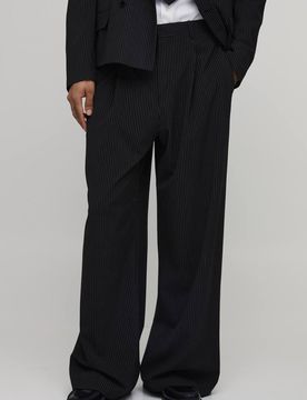 Herren Nadelstreifen-Bundfaltenhose Mit Weitem Bein In Schneiderqualität Black Größe 32