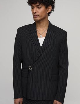 Herren Nadelstreifen Relaxed Fit Blazer Mit Schnallendetail Und Wickeldesign Black Größe 36