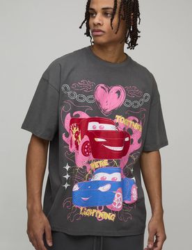 Herren Oversized Disney Cars Lightning McQueen Lizenz-Print T-Shirt Charcoal Größe Medium