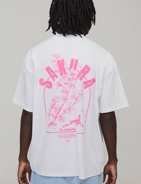 Herren Weißes Übergroßes Sakura-Print Schwergewicht Verlängerter Hals Oberteil White Größe Large
