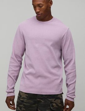 Herren Geripptes Slim Fit Acid Wash Langarm-T-Shirt Pink Größe Medium