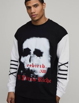 Herren Übergroßes Gothic-Bedrucktes Langarm-Oberteil Washed Black Größe XL