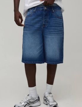 Herren Gestreifte Jeans Hosen-Shorts Mit Doppeltem Bund In Regulärer Passform Mid Blue Größe 34