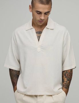 Herren Leinen-Mix Kastenförmiges Poloshirt Mit Reverskragen Olive Größe Large