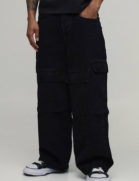 Herren Weite Cargo-Jeans Hosen Mit Reißverschluss Zum Abzippen Washed Black Größe 32