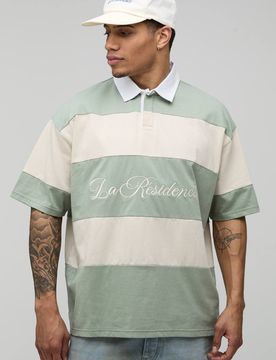 Herren Übergroßes La Residence Besticktes Gestreiftes Rugby-Polohemd Sage Größe Large