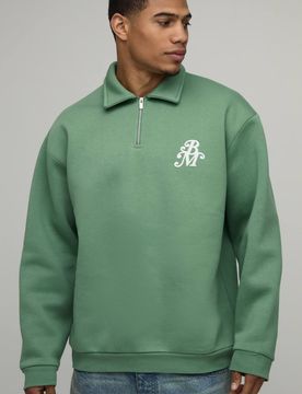 Herren BM Bedrucktes Sweatshirt mit Viertel-Reißverschluss Green Größe Large