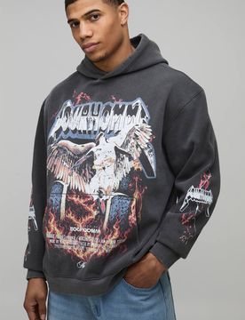 Herren Übergroßer Gothic Flammen-Print Gewaschener Hoodie Sweatshirt Washed Black Größe Medium