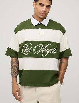 Herren Los Angeles Gestreiftes Rugby Kurzarm Poloshirt Olive Größe Small