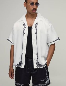 Herren Übergroßes Kurzärmeliges Oberteil Und Hosen-Set Aus Satin Mit Floralem Bordürendruck Black Größe Medium