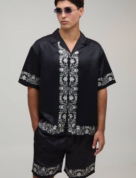 Herren Übergroßes Kurzarm-Hemd Und Shorts-Set Aus Satin Mit Geblümtem Bordürendruck Black Größe XS