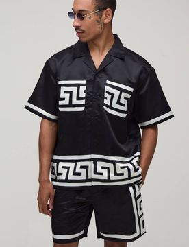 Herren Übergroßes Kurzarm-Hemd Mit Abstraktem Bordürendruck Und Shorts-Set Aus Satin Black Größe XS