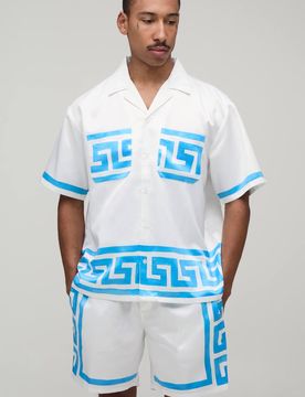 Herren Übergroßes Kurzarm-Hemd Mit Abstraktem Bordürendruck Und Shorts-Set Aus Satin Blue Größe Large