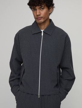 Herren Strukturierte Streifen Doppelreißverschluss Kastige Harrington-Jacke Koordinaten-Set Grey Größe Large