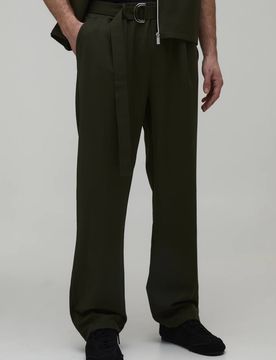 Herren Bundfalten-Hose Mit Gürtel In Entspannter Passform Als Co-ord Set Khaki Größe Small