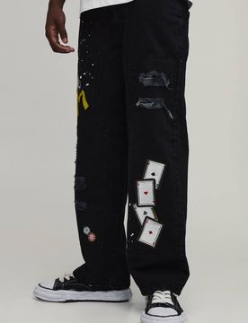 Herren Casino Bestickte Zimmermanns-Jeans Hosen Mit Rissen Washed Black Größe 38R
