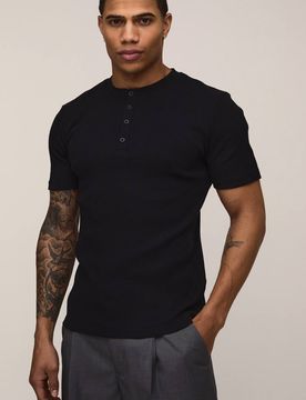 Herren Muscle Fit Ripp-Henley-Ausschnitt Kurzarm T-Shirt Black Größe Large