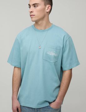 Herren Locker Geschnittenes T-Shirt Mit Tasche Dusty Blue Größe Large