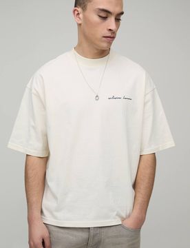 Herren Übergroßes Herren Schwergewicht Verlängerter Ausschnitt Kastenförmiges T-Shirt Ecru Größe XL