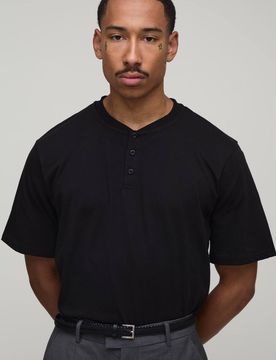 Herren Lässiges Schwergewicht Knopfleisten-Oberteil Black Größe XL