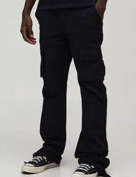 Herren Gerade Geschnittene Cargohose Mit Ausgestelltem Bein, Druckknopf-Details Und Köperbindung Black Größe 28
