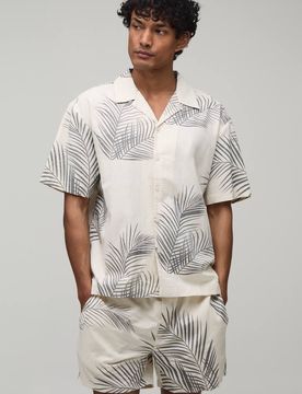Herren Übergroßes Hemd Und Shorts Set Mit Palmen-Print Natural Größe XL