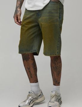 Herren Hohe Entspannte Getönte Jeans Hosen-Shorts Green Größe 38