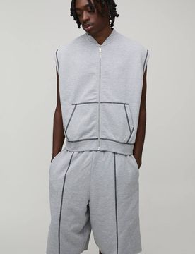 Herren Übergroßer Kastenförmiger Frottee Ärmelloser Durchgehender Reißverschluss Jersey Weste Und Jort Trainingsanzug Grey Marl Größe Small