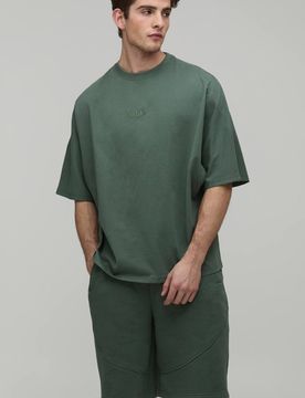 Herren Übergroßes Paneel-Herren-Set Mit Besticktem Oberteil Und Shorts Vintage Khaki Größe Small