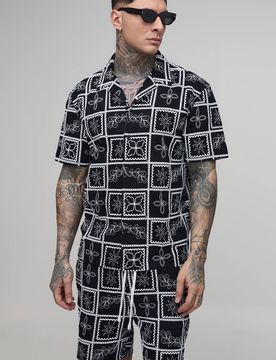 Herren Großes Besticktes Kachel-Oberhemd & Entspannte Shorts Im Set Black Größe Small