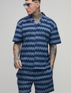 Herren Großes Geometrisch Gestreiftes Übergroßes Hemd & Entspannte Kurze Hose Set Navy Größe 2XL