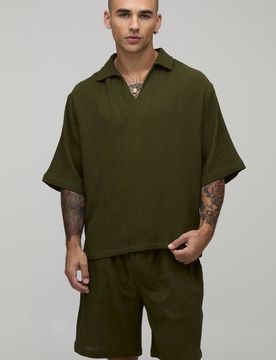 Herren Musselin Übergroßes Kurzarm-Hemd Mit V-Ausschnitt & Entspannte Shorts Set Khaki Größe Large