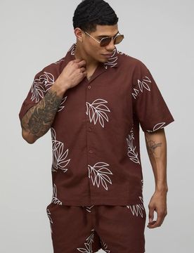 Herren Palmen-besticktes Übergroßes Leinen-Hemd & Entspannte Shorts Set Chocolate Größe XS