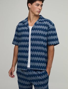 Herren Geometrisch Gestreiftes Übergroßes Hemd & Entspannte Kurze Hose Set Navy Größe Small
