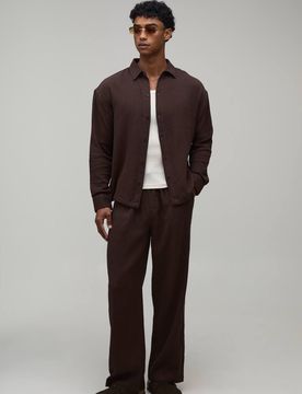 Herren Musselin Übergroßes Langarm-Hemd & Weite Hosen Set Chocolate Größe XS