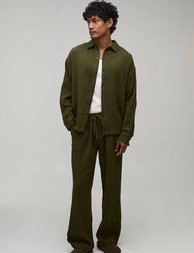Herren Musselin Übergroßes Langarm-Hemd & Weite Hosen Set Khaki Größe Small