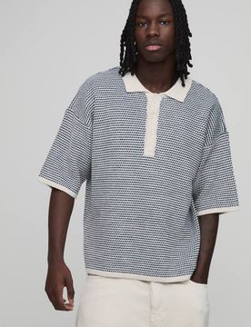 Herren Entspanntes Strukturiertes Gestreiftes Strick-Poloshirt Mit Verlängerter Knopfleiste Navy Größe Small