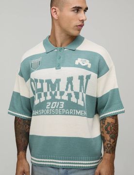 Herren Übergroßes Uni-Jacquard-Gestreiftes Gestricktes Polohemd Green Größe Medium