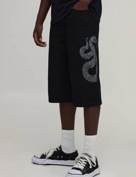 Herren Locker Geschnittene Lange Shorts Mit Strass-Schlangenmotiv Black Größe 46