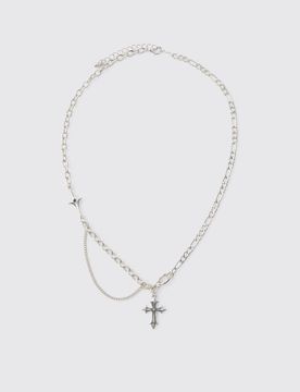 Herren Silberne Mehrlagige Gothic-Kreuz-Halskette Silver