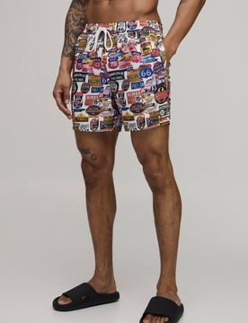 Herren Bedruckte Badeshorts In Mittlerer Länge Mit College-Druck Größe Medium
