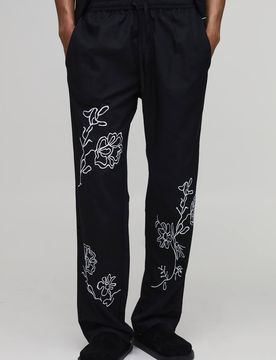Herren Locker Geschnittene Hose Mit Leinenmischung Und Floraler Stickerei Im Set Black Größe XL