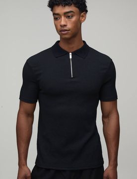Herren Muskelbetontes Poloshirt Mit Knitterstruktur Und Reißverschluss Black Größe Small