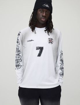 Herren Reguläres Raglan Schwergewicht Gewaschenes Und Distressed Oberteil White Größe XL