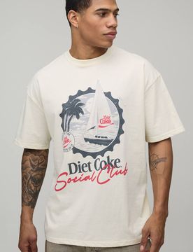 Herren Oversized Diet Coke Social Club Bedrucktes Lizenz T-Shirt Ecru Größe Small