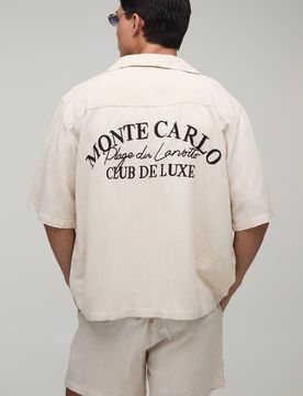 Herren Leinen Besticktes Monte Carlo Übergroßes Kastenförmiges Hemd & Entspannte Shorts Set Natural Größe XS