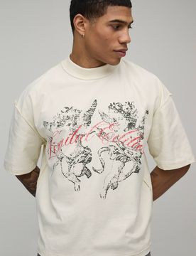 Herren Oversized Boxy T-Shirt mit verlängertem Ausschnitt und sichtbaren Nähten - Cherub Ecru Größe Medium