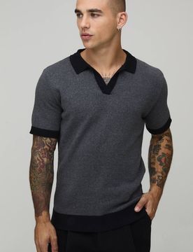 Herren Normal Geschnittenes Reverskragen Baumwollmischung Gestricktes Polohemd Charcoal Größe Large