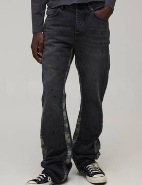 Herren Gewaschene Camouflage-Jeans Hosen Mit Zwickel Und Gestapeltem Schlag Washed Black Größe 42R